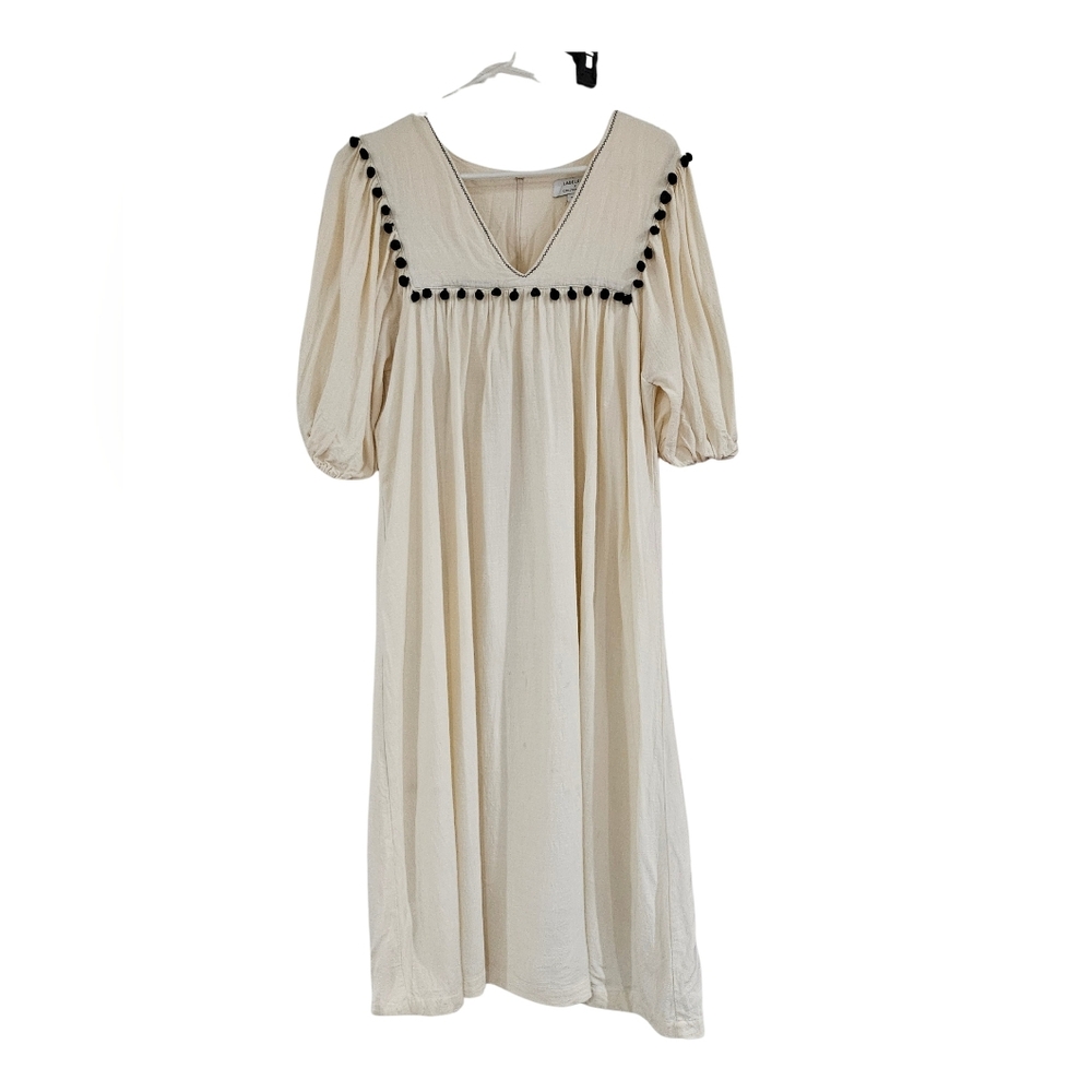 Labelrail X Collyer Twins Cream Midi Dress with Black Pom Trim Size 14 Linen